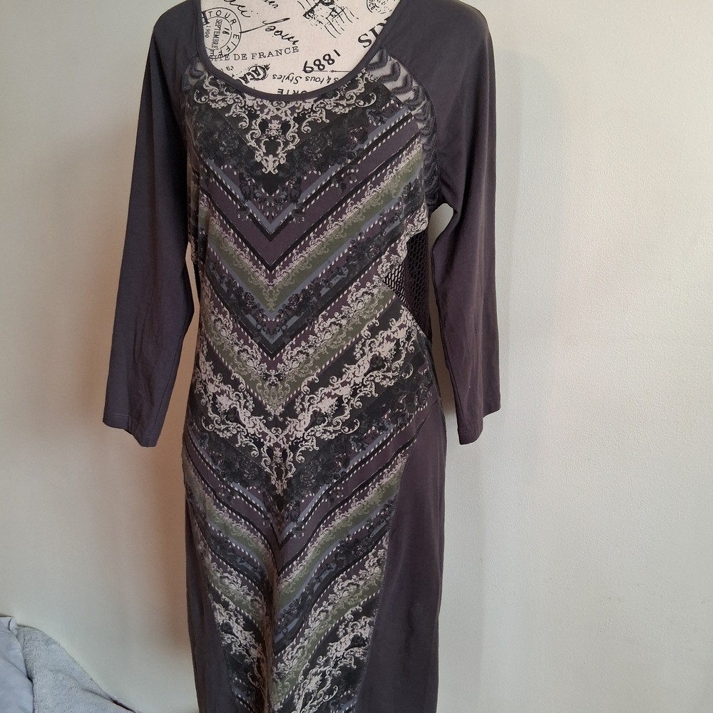 Boho Chevron Damask Mixed Media Dress Gray Green Mesh Side Panels Long Sleeve